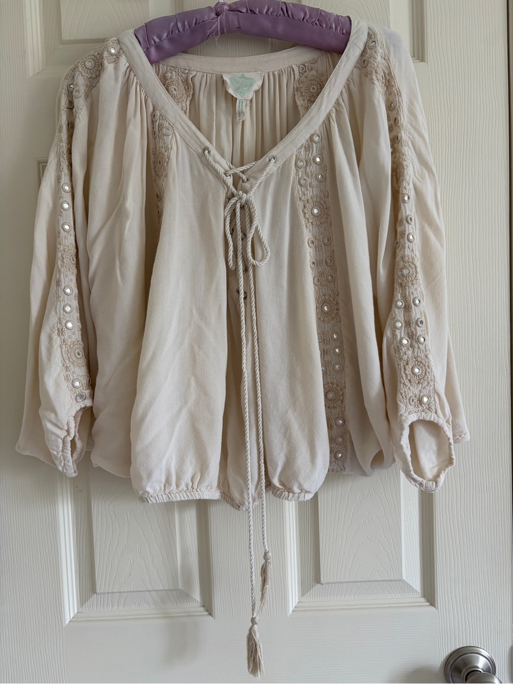 Z&L Women's Cream Embroidered Boho Peasant Blouse - Lace & Tie Front Size Large